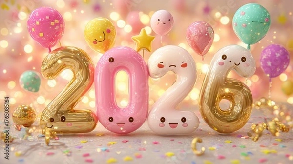 Fototapeta New Year 2026 Celebration Backgrounds and 3D Elements Pack – Festive Holiday Design Collection with Golden Numbers, Fireworks, Balloons, Confetti, and Elegant Light Effects for Seasonal Marketing
