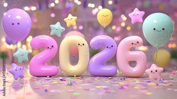 Fototapeta New Year 2026 Celebration Backgrounds and 3D Elements Pack – Festive Holiday Design Collection with Golden Numbers, Fireworks, Balloons, Confetti, and Elegant Light Effects for Seasonal Marketing