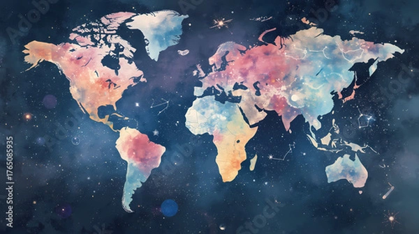 Obraz Watercolor world map with constellations for astrology lovers and global business visionaries