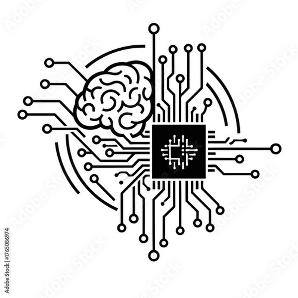 Obraz Vector illustration of artificial intelligence brain connected to a digital circuit, representing the integration of human intelligence with technology