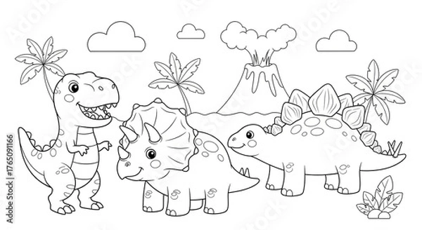 Obraz Dinosaurs in a Prehistoric Landscape with Volcano
