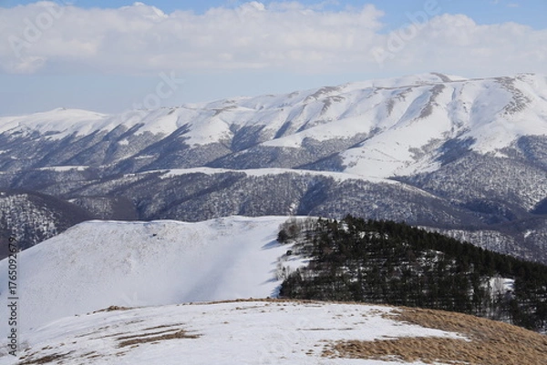 Fototapeta Snowy and forested rounded hills with distant mountain ridge, Lori, Armenia