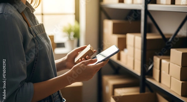 Fototapeta Warehouse manager using smartphone for inventory check