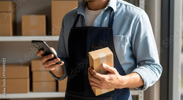 Fototapeta Small business owner using a phone to manage orders