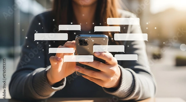 Fototapeta Woman using smartphone with chat bubbles for texting
