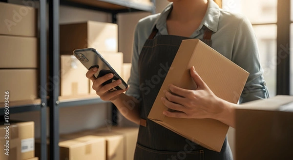 Fototapeta E-commerce worker managing inventory with a phone