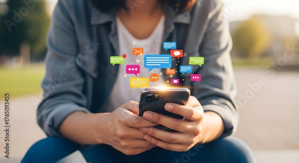 Fototapeta Woman using smart phone with social media notifications