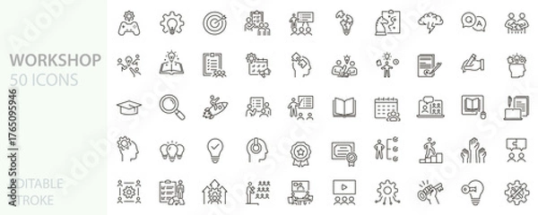 Fototapeta Workshop and training icons set. Thin line editable stroke vector symbols for education, teamwork, brainstorming, learning, and innovation.