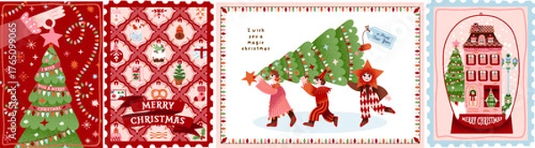 Fototapeta Merry Christmas and Happy New Year: Festive holiday illustrations, Christmas tree, pattern, snow globe, winter scenes, and cheerful characters for greeting card, poster, postage stamp and background