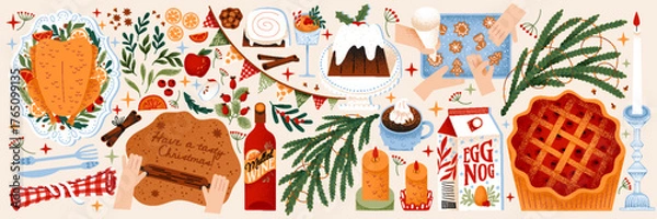 Fototapeta Festive Christmas Feast Vector: Delicious holiday food and baking. Christmas dinner vector illustration with food, turkey, mulled wine, pie, table setting, gingerbread making, cooking, eggnog, dessert