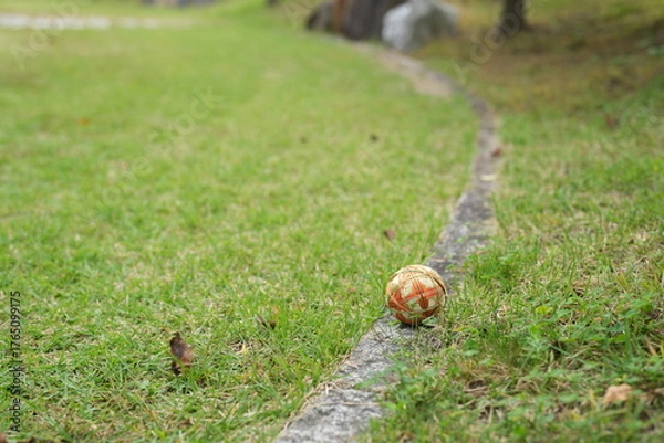 Fototapeta A soccer ball is sitting on the grass next to a stone path