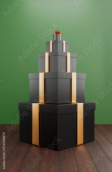 Fototapeta Gifts stack with golden ribbon isolated. Christmas present pile 