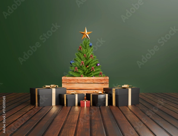 Fototapeta Gift Boxes On Wooden Surface And Blurred Living Room Background With Christmas Decoration