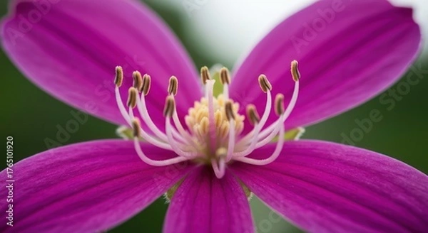 Obraz Vibrant magenta flower, five delicate petals, intricate yellow stamens, soft green blur