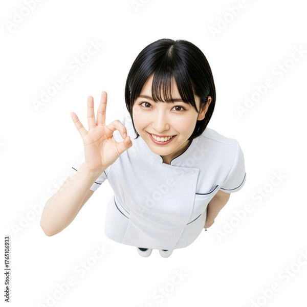 Fototapeta OKサインをする白衣の若い女性看護師（俯瞰・切り抜き・コピースペース・白バック）	