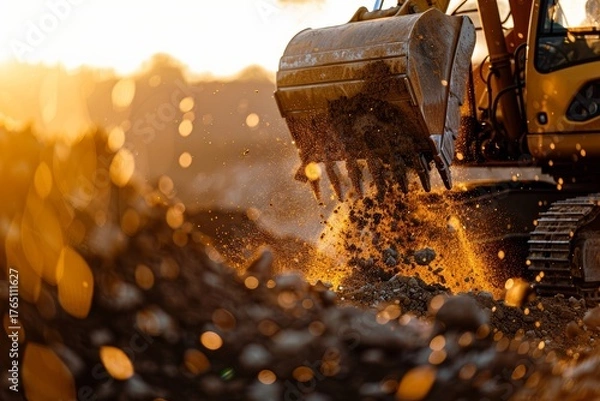 Fototapeta The bright yellow excavator efficiently digs into the earth, its sturdy mechanical arm delving deep into the soil, as it works tirelessly to reshape the terrain.
