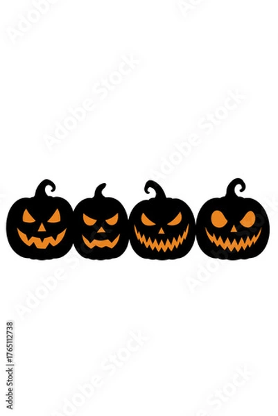 Fototapeta Silhouettes of Halloween pumpkins, eerie Jack‑o‑lanterns, and carved pumpkins with sinister grins and sharp teeth, set against a vector background suitable for a holiday wallpaper or panoramic