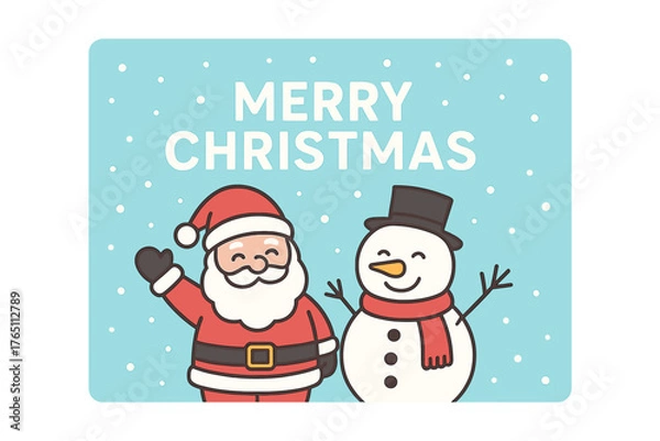 Fototapeta The Christmas and New Year festive collection includes a light‑blue greeting card featuring “Merry Christmas” text, Santa Claus, and a snowman
