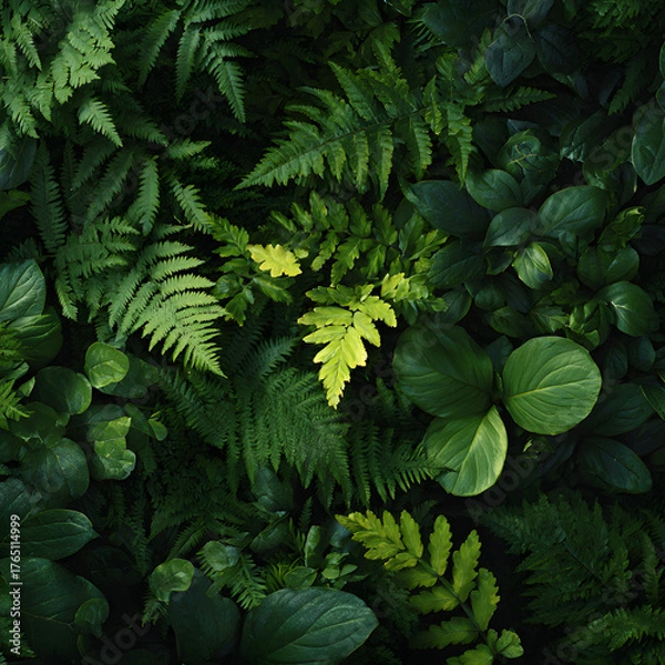Fototapeta Vibrant Foliage A Diverse Collection of Ferns, Leaves, and Natural Textures from Above