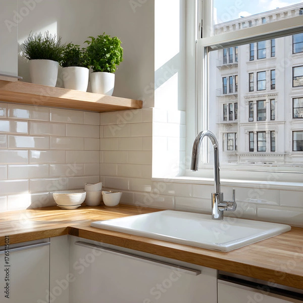 Fototapeta Modern Kitchen Sink with White Ceramic Basin and Wooden Countertop near Plants