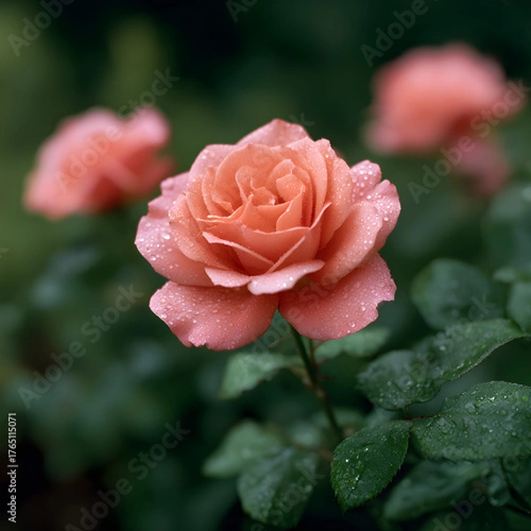 Fototapeta Soft Focus Pink Rose Blossom with Raindrops on Petals and Leaves in a Garden Setting