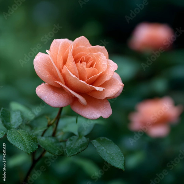 Fototapeta Peach Rose in Bloom A Delicate Floral Portrait Showcasing Soft Petals and Lush Greenery