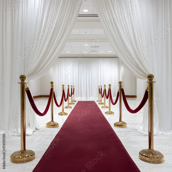 Fototapeta Elegant Red Carpet Event Entrance with Golden Stanchions and Flowing White Curtains Setup