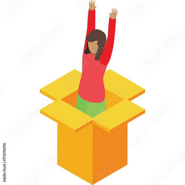 Fototapeta Illustration of a Woman in a Red Top and Green Skirt Popping Out of a Yellow Open Box Against a Transparent Background Expressing Excitement and Joy