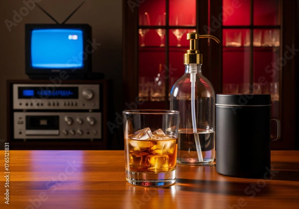 Obraz ヴィンテージ空間で味わう大人のウイスキー：レトロテレビとオーディオが彩るくつろぎの夜