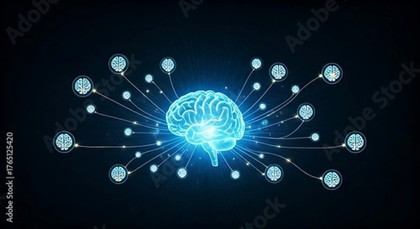 Fototapeta Collective intelligence concept. Multiple brain icons are connected to a central holographic brain, which becomes brighter as it receives more input.
