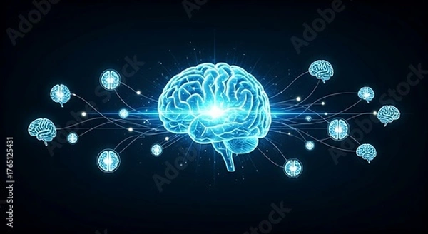 Fototapeta Collective intelligence concept. Multiple brain icons are connected to a central holographic brain, which becomes brighter as it receives more input.