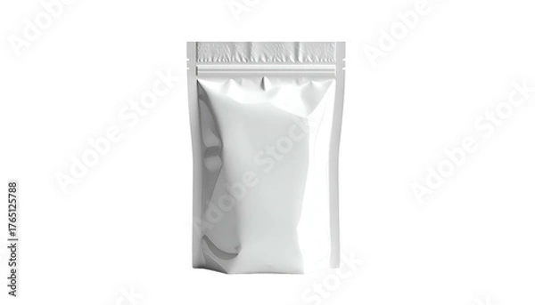 Fototapeta A glossy, white, rectangular pouch, sealed at the top with a zip, against a black background