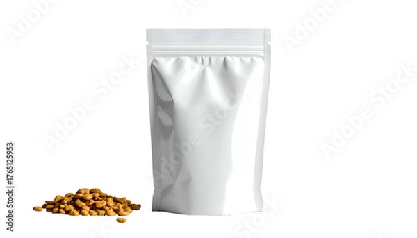 Fototapeta White stand-up pouch and a pile of small, granular kibble against a black backdrop