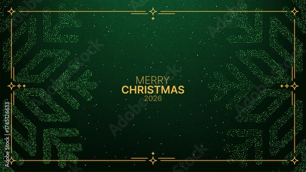 Obraz Green Christmas banner with snowflake dots decoration and gold frame for holiday greeting card or festive background in 2026.