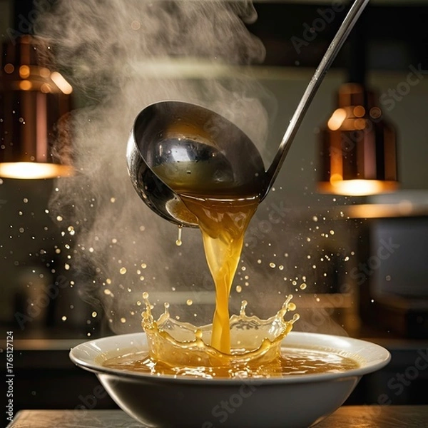 Fototapeta Hot Broth Being Poured Into Bowl with Splash and Steam in Kitchen