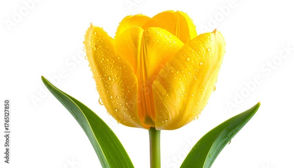 Fototapeta Close-up of a vibrant yellow tulip with water droplets, green stem and leaves against black
