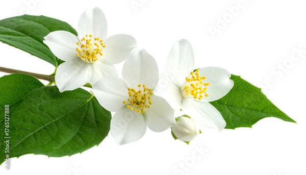 Fototapeta Branch of white, fragrant flowers with golden centers and green leaves against black
