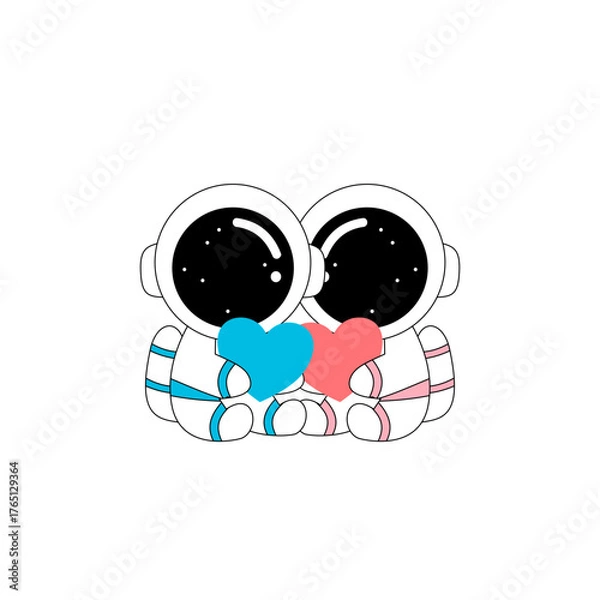 Fototapeta Cute astronaut couple in love holding heart, romantic space illustration vector