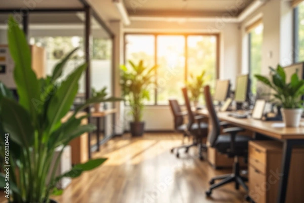 Fototapeta Blurred background of a modern office interior bathed in warm sunlight, highlighting the serene work environment with plants and organized desks for optimal productivity.