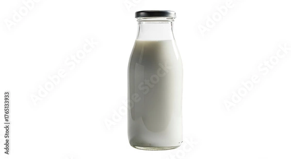 Fototapeta Fresh Milk In Glass Bottle With Silver Cap On Black Background