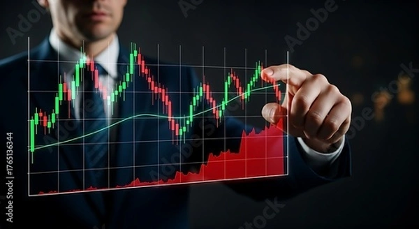 Fototapeta Market sentiment analysis concept. A trader's hand points to a holographic stock chart where the line is colored green (bullish/greed) and red (bearish/fear).