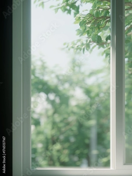 Obraz sunlight through window with green leaves outside