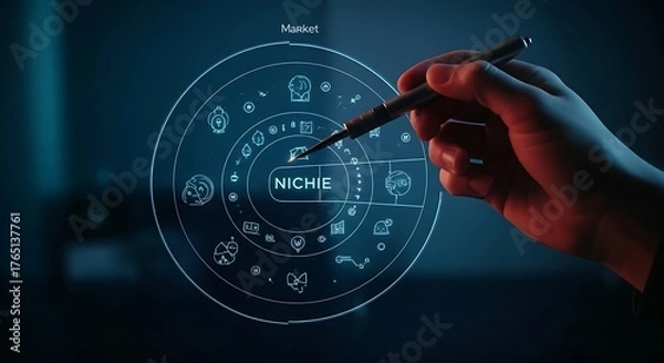 Fototapeta Market niche discovery concept. A hand uses a tool to highlight a small, empty area in a holographic market overview, with the word "NICHE" appearing.