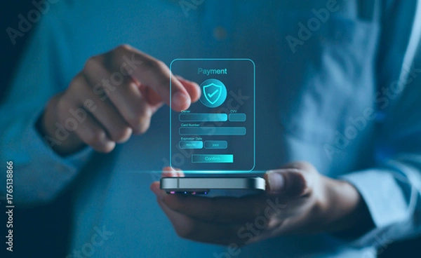 Fototapeta Online payment and digital financial technology or fintech concept, business man using smartphone transfer money, online shopping,  internet banking, bill payment, digital wallet, internet banking app