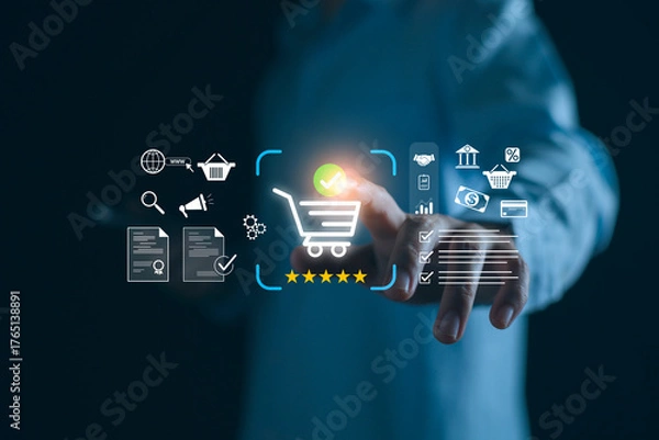 Fototapeta Online commerce concept, customer shopping with smart phone app, add product to digital store cart, buy order confirm, security checkout, ai technology.