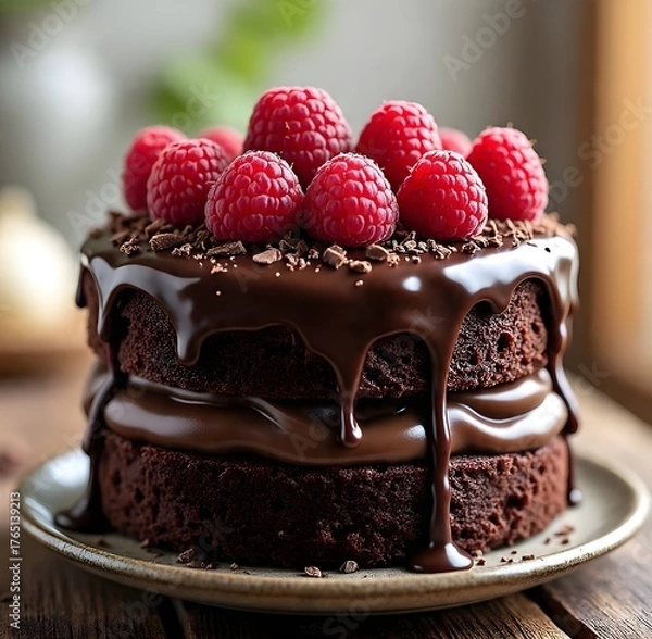 Obraz A rustic dark chocolate layer cake presented on a ceramic plate over a wooden table, bathed in soft natural warm light