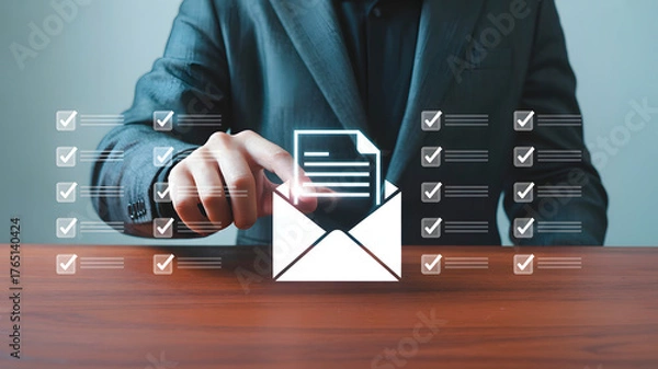 Fototapeta Professional businessman approving tasks and tasks list, checking off items on a digital checklist, achieving goals with email communication.