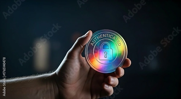 Fototapeta Digital security token concept. A hand holds a glowing, holographic token with a padlock icon, with the word "AUTHENTICATED" visible.
