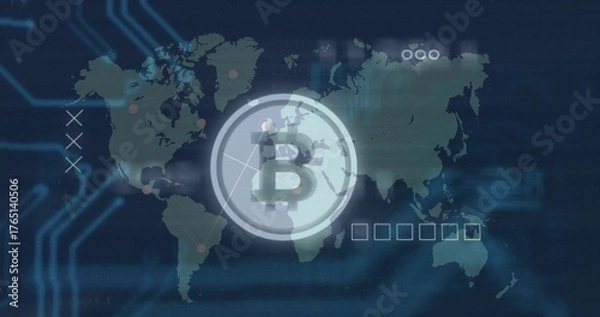 Obraz Displaying large circular Bitcoin logo over world map in network interface, with glowing circuits