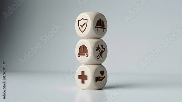 Fototapeta Wooden blocks stacked with icons symbolizing safety, work, tools, health, and care, representing essential elements for a secure and thriving business environment